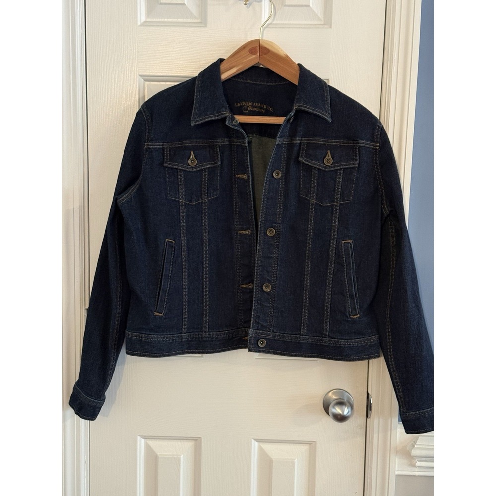 Lauren Jeans Co. Women's Dark Denim Jacket Button Front Pockets Collar Classic